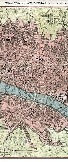 The City Road, Hoxton Square, Charter House Square, West Smith Field, Moor Fields, St Pauls, Cheapside, Cornhill, The Tower, The River Thames, London Bridge, The Borough, Southwark, King's Bench Prison, & Newington Butts